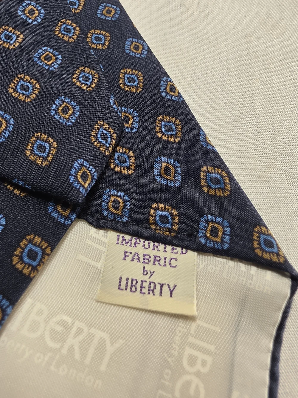 Mens Vintage Liberty Of London Navy Silk & Wool Tie w Blue & Gold Medallions
